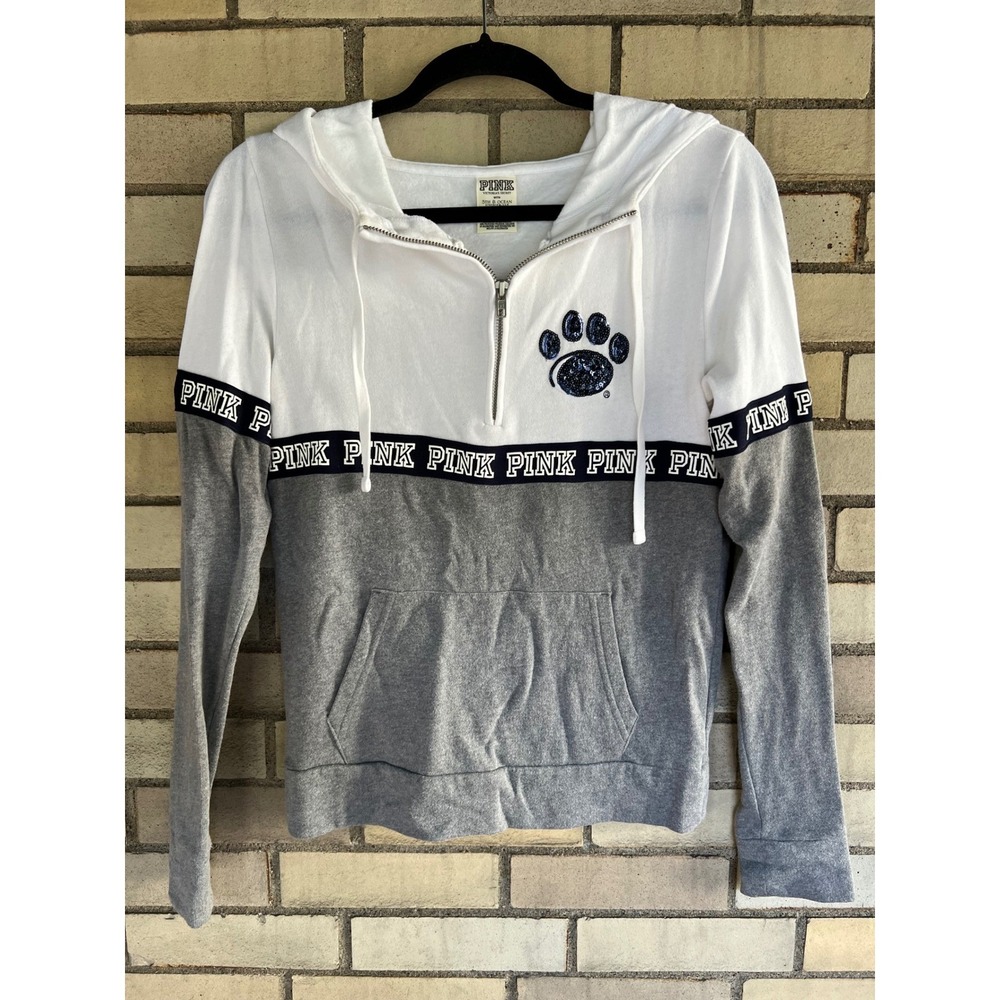 PINK Victoria's Secret 5th & Ocean Quarter Zip Hoodie White Gray Paw Print Sz XS